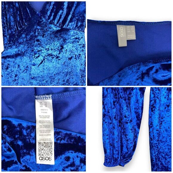 ASOS Velvet Long Sleeve Button Detail Mini Dress in Cobalt Blue - Picture 9 of 9